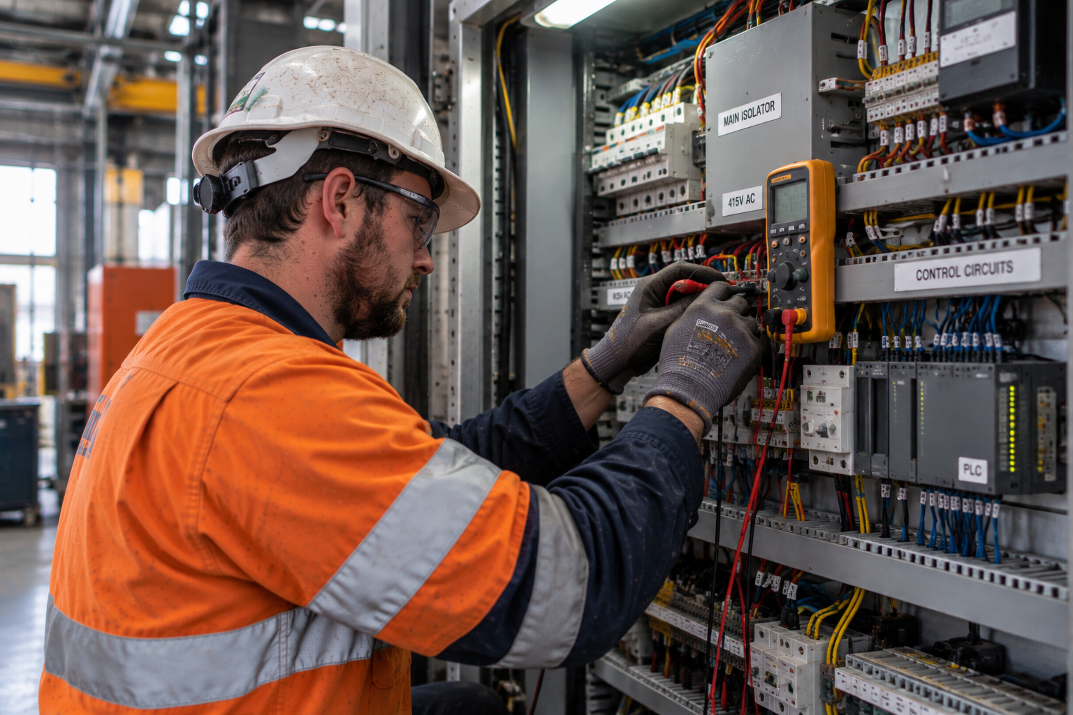 Electrician working on a control panel